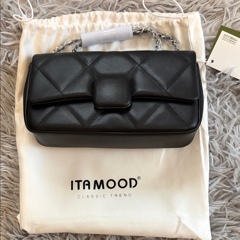 Small black leather quilted chain strap evening bag